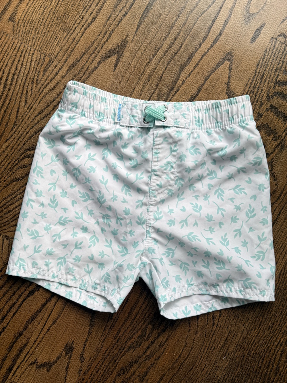 Kids White Swim Trunks with Mint Leaf Print